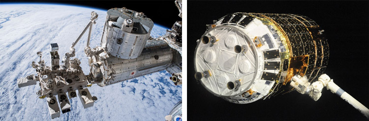 （左）日本実験棟「きぼう」、（右）ISSのロボットアームに捕捉された物資輸送機「こうのとり」初号機＝2009年（いずれもJAXA、NASA提供）