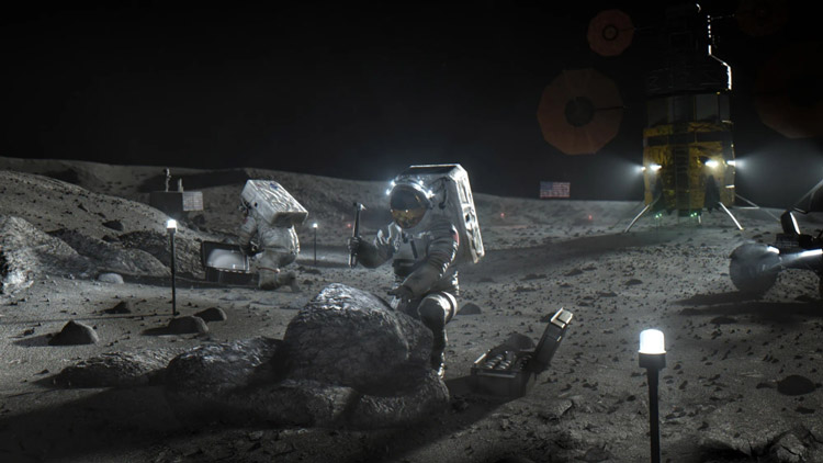 アルテミス計画で月面で活動する飛行士の想像図（NASA提供）