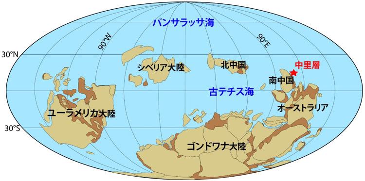 約4.1億年前の前期デボン紀の世界地図。北半球はパンサラッサ海に覆われ、南半球にゴンドワナ、ユーラメリカ、シベリア大陸は偏っていた。今回胞子化石が見つかった中里層は赤道付近の南中国の端に位置する（静岡大学提供）