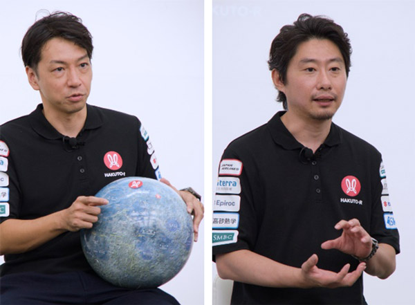 (左)会見するアイスペース社の氏家CTO、(右)袴田CEO=茨城県つくば市