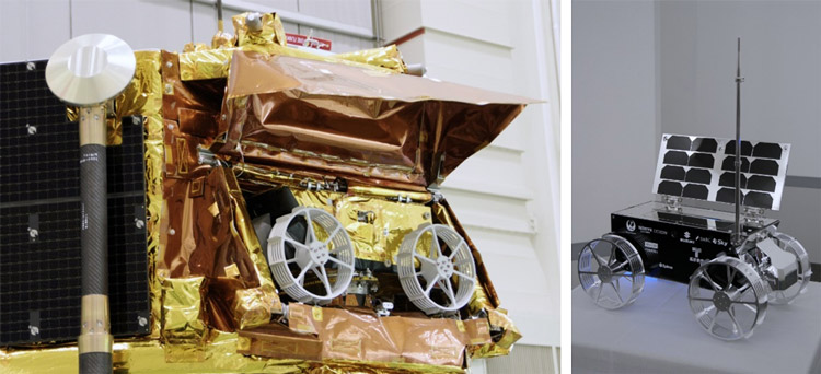 (左)レジリエンスの側面には小型探査車「テネシアス」が搭載された。(右)テネシアスの模型=茨城県つくば市