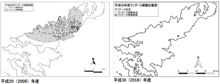 2008年と2018年の捕獲地点・範囲(環境省ホームページをもとに編集部で加工)