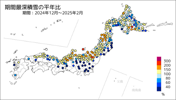 今冬の最深積雪の平年(1991~2020年の平均値)比(気象庁提供)
