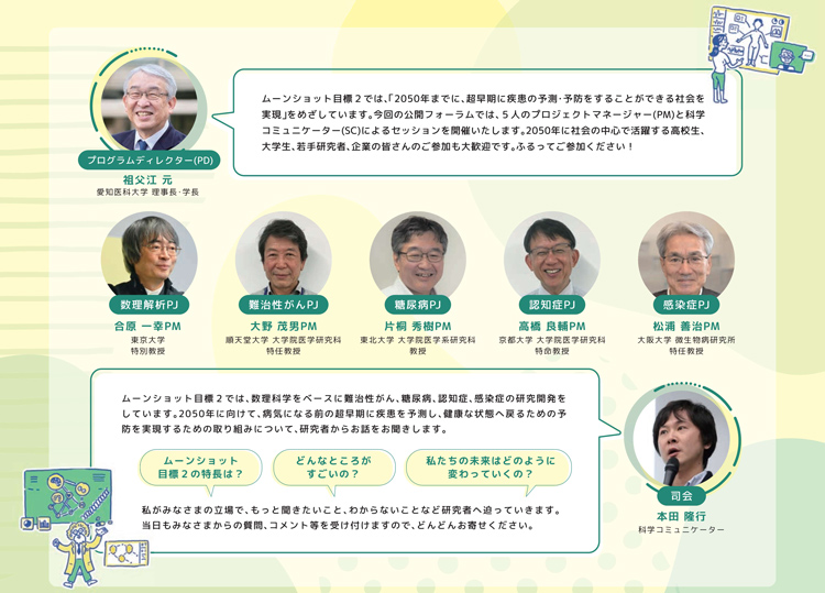 目標2のPDと、5人のPMが担当するプロジェクト(PJ)名(イベントのフライヤーより)
