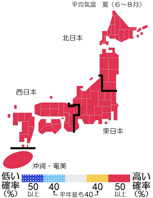 今年の夏の平均気温は全国的に高くなる可能性が高いことを示す図(気象庁提供)