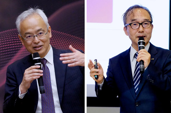 (左)会見する理研の中村センター長、(右)富士通の佐藤所長