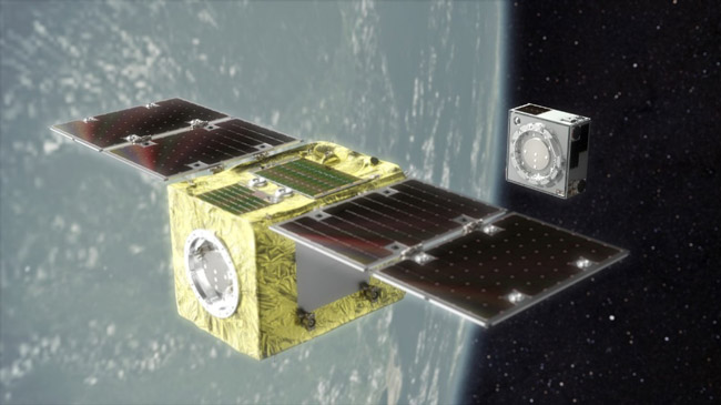 スペースデブリに人工衛星ELSA-dが磁石でドッキングしようとするイメージ。大気圏に落下して燃焼させる(アストロスケール提供)