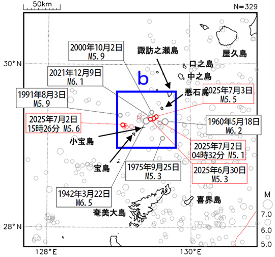 トカラ列島での1919年から2025年7月3日までの主な地震の震央分布図。25年6月以降の地震は赤色で表示(気象庁提供)