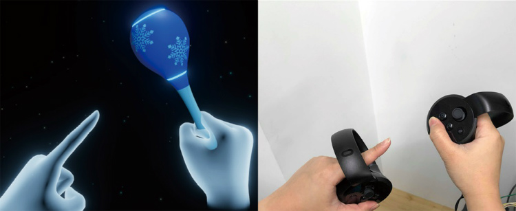 コントローラーを使ってVRで操作している様子。実際の手の動き（右）と、VRの中で見える手の動き（左）が連動し、直感的にVRの中のものを動かすことができる。 写真提供：XVI