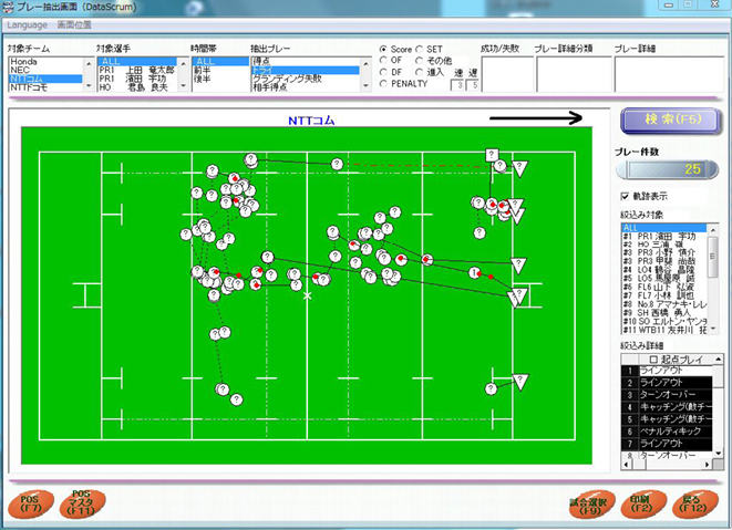 ラグビー用のデータ・映像閲覧ソフトウエア「データスクラム」。気になるエリア、時間、選手のプレーを抽出して、その映像だけを見ることもできる。 （画像提供：データスタジアム）